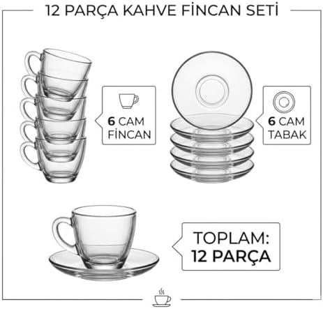6 Kişilik Şeffaf Cam Kahve Fincan Takımı - 12 Parça Modern Espresso ve Türk Kahvesi Seti - Isıya Dayanıklı Cam Fincan ve Tabak Seti