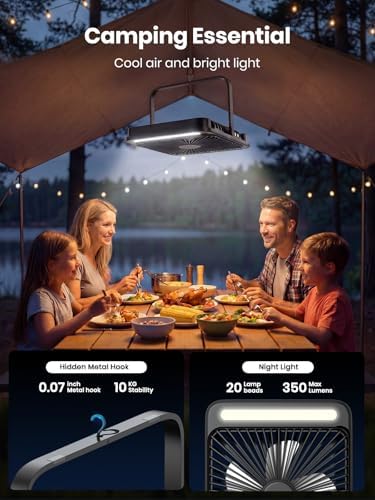 Warmco 20000mAh 8 inç Taşınabilir Kamp Fanı, 48 Saat Maksimum Çalışma Süresi, LED Işık, Sessiz İnce Pille Çalışan Kişisel Masa Fanı Ofis, Seyahat, Yatak Odası, Dış Mekan için Dijital Ekranlı