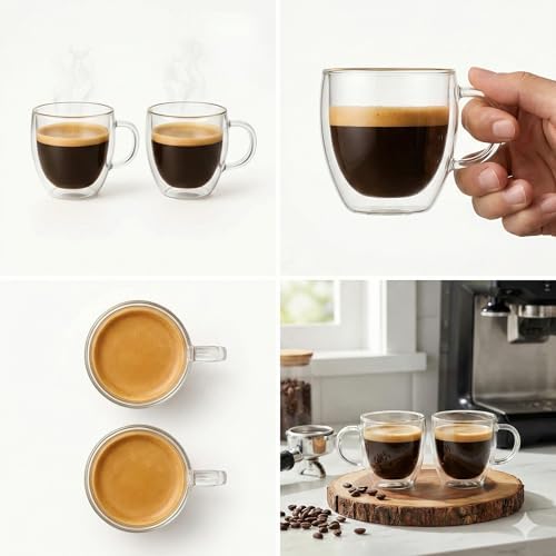 Çift Cidarlı 2’li Kulplu Espresso Fincan Seti 80 ml Şeffaf Espresso Kahve Kupaları, Shot Bardakları, Çift Cidarlı Espresso Fincanları, Espresso Makinesi İçin Uygun, Mikrodalga Fırında Kullanılabilir - Görsel 2