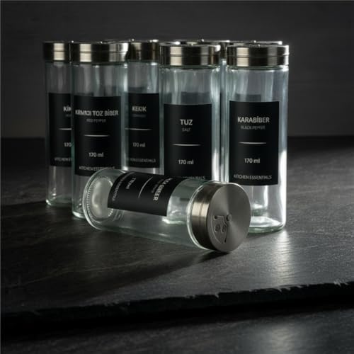 Alternative view of 12’li Metal Kapaklı Cam Baharatlık Seti, 80ml, 110ml ve 170ml Boyut Seçenekli, Etiket Hediyeli Silindir Baharat Takımı, Modern Mutfak Düzenleyici Kavanoz Seti (170ML- 12 ADET)