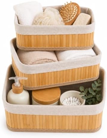 Bambu Organizer Sepet 3’lü Set – Kumaş Kaplı Dekoratif Saklama Kutusu, Çok Amaçlı Düzenleyici (Banyo, Mutfak, Dolap)