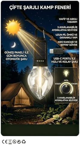 Alternative view of Solar ve Type-C Şarjlı Kamp Lambası | 3 Kademeli Işık, Şarj Göstergeli, Asılabilir Suya Dayanıklı Çadır ve Doğa Feneri