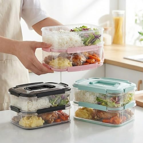 2x1,8 L Çift Katlı Plastik Yemek Taşıma Kutusu 3,6 L Saklama Kabı Sızdırmaz Contalı Şeffaf Kilitli Sefer Tası Beslenme Kabı Lunch Box Erzak Kabı (1 Adet) - Görsel 2