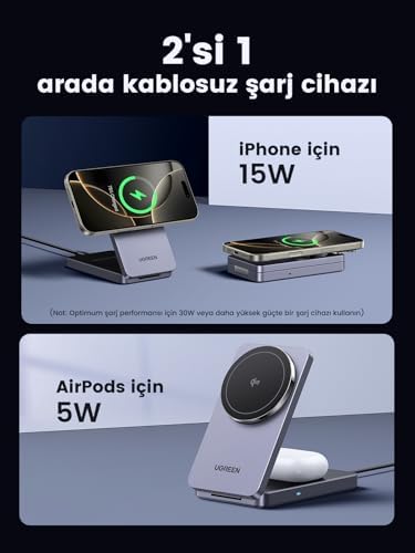 MagFlow Qi2 sertifikalı 15W iPhone şarj istasyonu, MagSafe ile uyumlu 2'si 1 arada manyetik şarj istasyonu, iPhone 16,16 Pro,16 Pro Max,15,14,13,AirPods için katlanabilir kablosuz şarj cihazı - Görsel 2