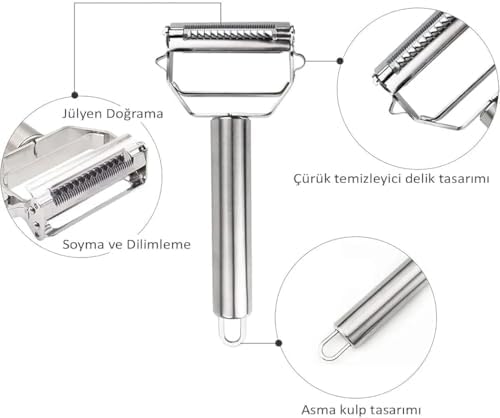 Paslanmaz Çelik Çift Taraflı Y Tipi Sebze Soyacağı, Bir Yüzü Düz, Diğer Yüzü Julienne Kesici Bıçaklı, Ergonomik Saplı, Patates Meyve ve Sebzeler İçin Dayanıklı Mutfak Aparatı