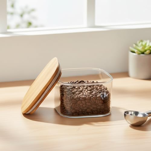 400 ml Bambu Kapaklı Kare Cam Saklama Kabı - Dikey Çizgili Rölyef Desenli Vakumlu Kahvaltılık ve Erzak Kabı (10x10x6 cm) - Görsel 2