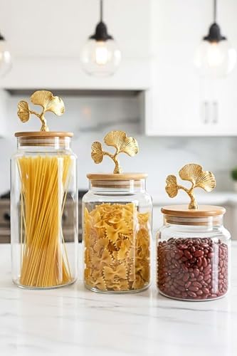 3'Lü Bambu Kapaklı Metal Ginkgo Figürlü Şeffaf Cam Kavanoz Şeffaf Cam Saklama Kabı 635/890/1400Ml