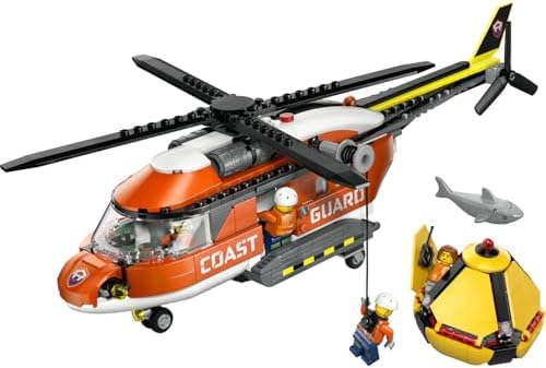 City Sahil Güvenlik Helikopteri 60503 – 7 Yaş ve Üzeri Çocuklar için Pilot, Sivil, 2 Sahil Güvenlik Görevlisi ve Köpekbalığı Minifigürü İçeren Oyuncak Yapım Seti, Hediye Fikri (551 Parça)