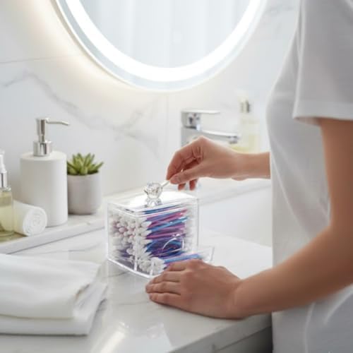 Şeffaf Akrilik Kulak Çubuğu ve Makyaj Organizeri, Kapaklı, Çekmeceli, 9x9 cm, Banyo Düzenleyici Kutusu - Görsel 2