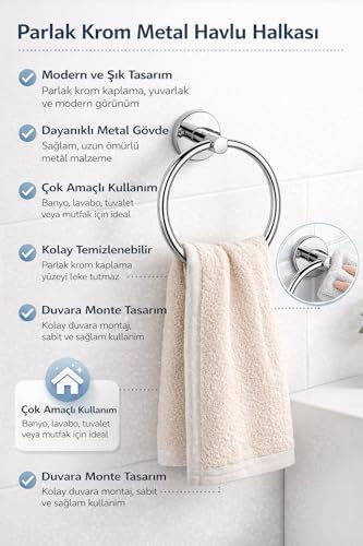 Alternative view of Yuvarlak Havlu Halkası Krom Kaplama, Duvara Monte Yuvarlak Banyo Havluluk, Dayanıklı Metal El Havlusu Askısı, Modern Parlak Krom Tasarım, Paslanmaya Dayanıklı Banyo Aksesuarı