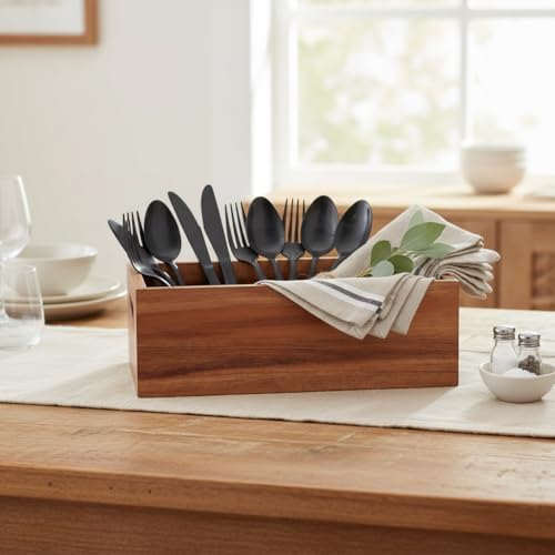 Akasya Ağacı Ekmeklik & Çok Amaçlı Organizer Kutu – 25x14x8 cm El Yapımı Doğal Ahşap Servis Tepsisi | Mutfak, Banyo, Ofis ve Ev Düzenleyici Kutu | Kulplu Dekoratif Ahşap Kutu