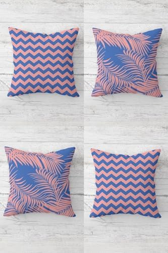 Alternative view of Zigzag Ve Tropikal Yaprak Desenli Gizli Fermuarlı Kırlent Kılıfı Koltuk Yastık Kılıfı Takım(4adet), Pembe-Mavi 45 x 45