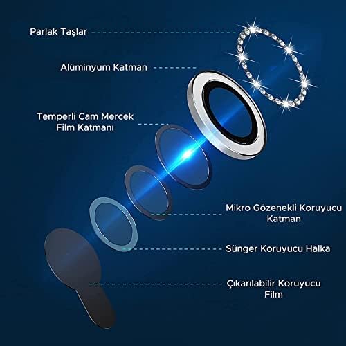 iPhone 15 Pro/iPhone 15 Pro Max Elmas Taşlı Lens Koruyucu Premium Kalite ve Görünüm Gümüş Renk - Görsel 3