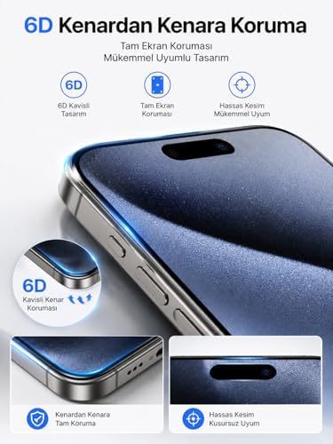 Ekran Koruyucu, iPhone 15 Pro Max ile Uyumlu, 6D Hayalet Kırılmaz Cam, 9H Sertlik, Şeffaf, Temperli Cam - Görsel 2