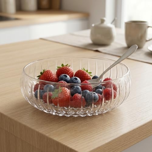 El Yapımı Üfleme Borosilikat Cam Linea Sunum Çanağı - Şeffaf Dekoratif Salata, Meyve ve Çerez Kasesi (20x6 cm) - Görsel 3