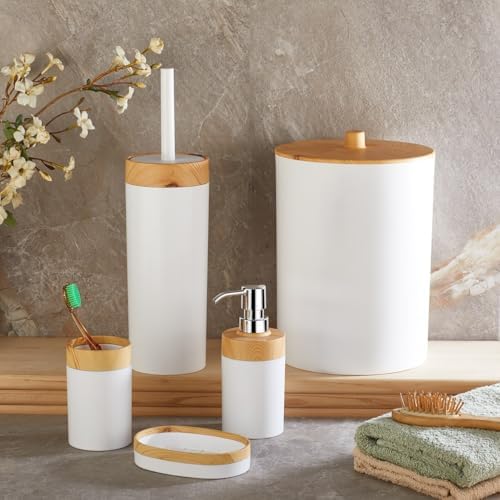 Alternative view of 5 Parça Lüx Bambu Görünümlü Banyo Seti | 10 Litre Çöp Kovası ve Antibakteriyel Tuvalet Fırçası (BEYAZ)