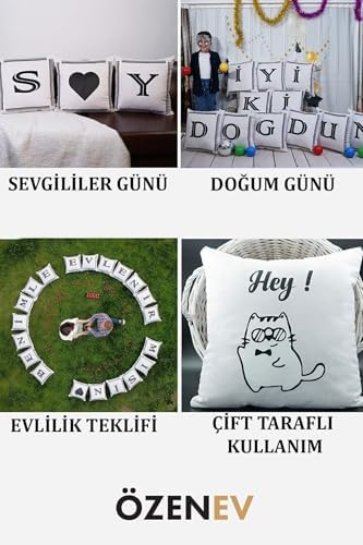 Alternative view of Harfli Kırlent Kılıfı Kadife 43X43 Cm Çift Taraflı I Harfi Kedi Desenli Evlilik Teklifi Doğum Günü Kırık Beyaz-Siyah-I