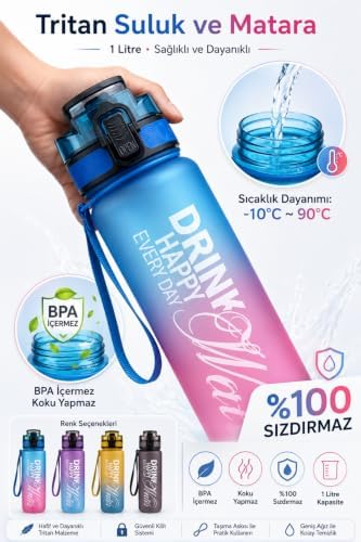 Su Matarası 1L - BPA İçermez Tritan Motivasyonel Suluk - Okul - Spor - Kamp - Pro Matara (SİYAH)