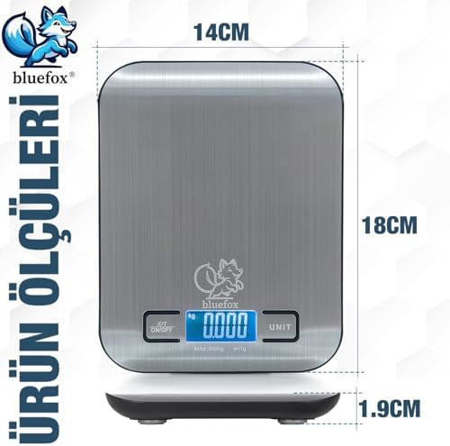Dijital Mutfak Terazisi - Paslanmaz Çelik Yüzeyli Hassas Mutfak Tartısı - Dara İşlevi, LED Ekran, 5 Birim Dönüştürme ve Otomatik Kapanma Özellikli - 5 kg Tartı Kapasitesi