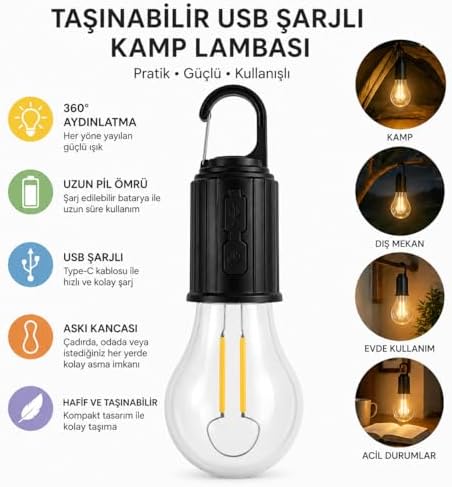 Şarjlı Kamp Ampulü USB Type-C Girişli Asılabilir LED Ampul 3 Modlu Işık Gün Işığı Kamp Lambası Taşınabilir Acil Durum Işığı Kancalı Ampul Outdoor Kamp Aydınlatma