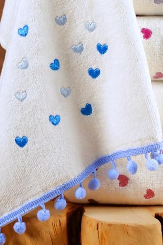Ponponlu 6 Adet Kalpli Nakışlı Kalp Desenli El Ve Yüz Havlu Seti Mutfak Havlusu 30x50 Cm, HS-PONPON
