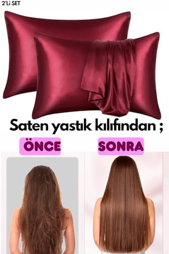 İpeksi Premium Set, İpeksi Saten Yastık Kılıfı,Saten Bone Çift Yönlü,Saten Toka,Kozmetik,Cilt Bakım,Saç Kabarması,Saç Kırılması,Düz Saç,Dalgalı Saç,Kıvırcık Saçlar için,Hediyelik,Çeyizlik (Bordo) - Görsel 3