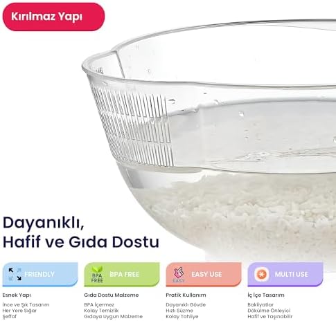 Hobby Life 3.5 Litre Şeffaf Pirinç Süzgeci – Islatma ve Yıkama Hazneli, Tane Kaybını Önleyen Akıllı Bakliyat Yıkama Kabı