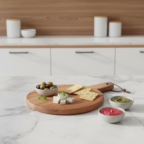 Akasya Ahşap Yuvarlak Sunum Tabağı (20x30 cm) | Doğal Saplı Peynir, Şarküteri, Pizza ve Meze Servis Tahtası | Küçük Boy Modern Ahşap Sunumluk (1.2 cm Kalınlık) - Görsel 2