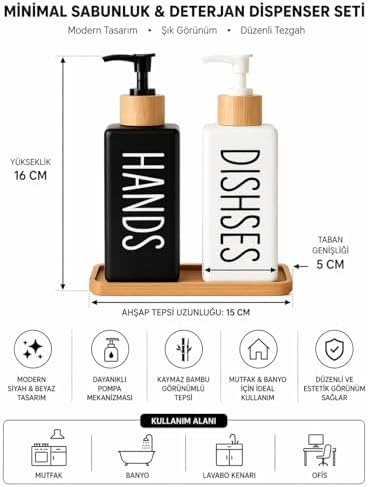 Minimalist Bambu Tepsili Siyah Beyaz Sabunluk ve Deterjan Dispenser Seti, Mutfak, Banyo ve Lavabo İçin Şık, Dayanıklı, Kaymaz Tabanlı, Geniş Ağızlı, Kolay Dolumlu Sıvı Sabunluk & Bulaşık Deterjan Şiş - Görsel 3