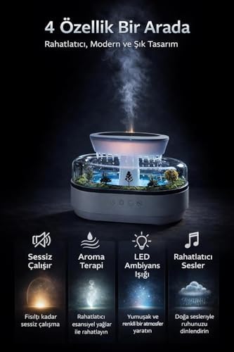 Yağmur Damlası Efektli Hava Nemlendirici ve Aroma Difüzör, Doğa Ses Modları, LED Ambiyans Işıklı, Sessiz Çalışma, Buharlı Nemlendirici Buhar Makinesi, Dekoratif Tasarım (Yapay Teraryum Tasarımı)