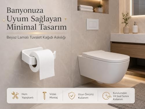 Beyaz Lamalı Tuvalet Kağıtlığı, WC Kağıt Askılığı, Hem Yapışkanlı Hem Vidalı Montajlı, Açık Uç Tasarımlı Banyo Tuvalet Kağıdı Tutucu