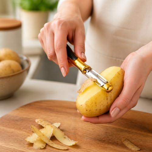 Altın Renkli Sebze Soyacak, Paslanmaz Çelik Bıçak, Siyah Saplı, 16 cm, Patates ve Meyve için - Görsel 3