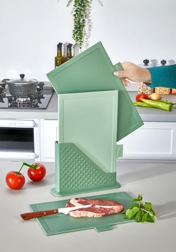 4 Parça Plastik Kesme Tahtası Seti, Standlı, Renkli, Hijyenik, Kaymaz 3 Adet Gıda Hazırlama Tahtası 31x20 cm Sebze Et Balık Kesim Tahtası, Mutfak Düzenleyici Organizer
