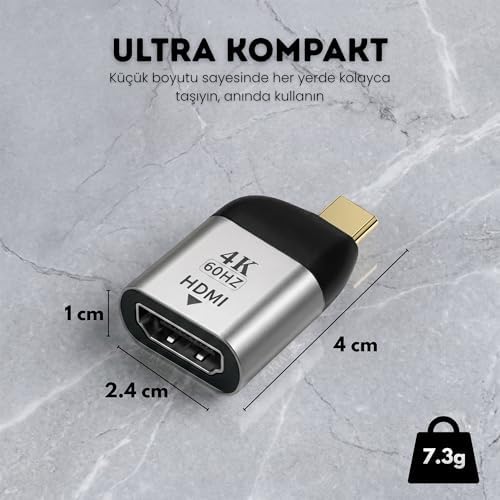 Type-C to HDMI 2.0 Çevirici Mini Adaptör - 4K'ya Kadar Destek - USB-C'den Hdmi Görüntü Dönüştürücü - Alüminyum Gövde - Laptop Tablet Telefon Uyumlu - Tak Çalıştır - Görsel 2