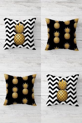Alternative view of Ananas Ve Tropikal Meyve Desenli Gizli Fermuarlı Kırlent Kılıfı Koltuk Yastık Kılıfı Takım(4adet), Gold-Siyah Beyaz 45 x 45