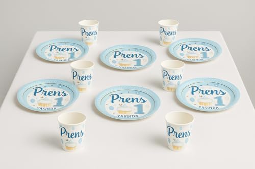Alternative view of Prens 1 Yaşında Parti Sofra Takımı, 8 Kişilik, Mavi-Altın Renk, 8 Tabak ve 8 Bardak