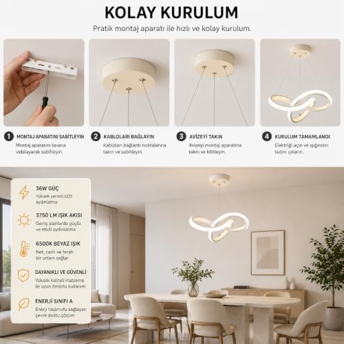 Aura Beyaz UltraPower LED Avize, Modern Sarkıt Tasarım, Alüminyum Gövde, 6500K Beyaz Işık, 36W, 25 cm Çap, Ayarlanabilir Yükseklik - Görsel 3