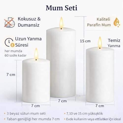 3’lü Silindir Blok Mum Seti, Beyaz Dekoratif Sütun Mumlar, İçten Yanan Fitil, 7 cm Çap, 7,10,15 cm Yükseklik, Ev Dekorasyonu, Masa ve Özel Gün Süsleme Mum Seti