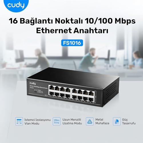 Cudy FS1016 16Port 10/100Mbps 1,6 Gb/sn Metal Kasa Rackmount Masaüstü Switch - Görsel 3
