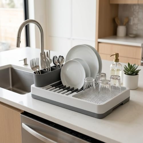 Tezgah Üstü Bulaşık Kurutmalık, Çok Bölmeli Tabak ve Bardak Düzenleyici, Kaşıklıklı Mutfak Organizer 42 cm - Görsel 2