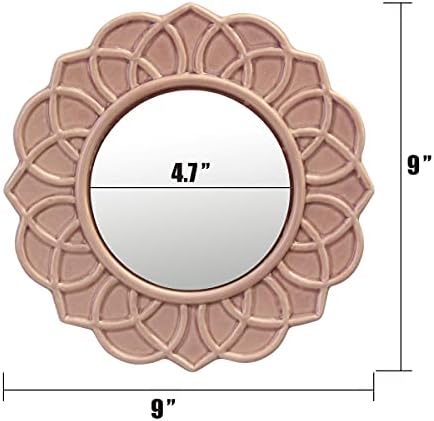 Dekoratif 9" Soluk Pembe Yuvarlak Çiçekli Seramik Vurgulu Duvar Aynası, Ekli Asma Halkalı Duvar Aynası, Oturma Odası, Yatak Odası, Banyo, Koridor ve Giriş Yolu için Dekoratif Dekor