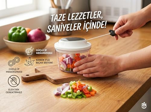 Alternative view of Pratik İpli El Rondosu - 500 ml Keskin Paslanmaz Çelik 3 Bıçaklı Soğan ve Sebze Doğrayıcı, Mutfak Robotu