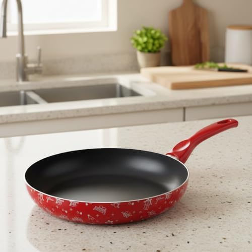 Lotus 26 cm Yapışmaz Kızartma Tavası - Kırmızı Zemin Kış Desenli (Geyik ve Kar Tanesi)
