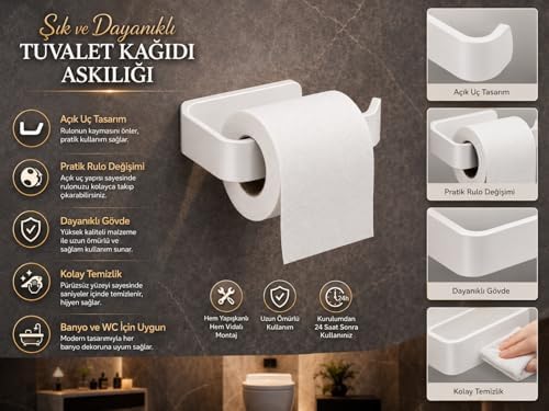 Alternative view of Beyaz Lamalı Tuvalet Kağıtlığı, WC Kağıt Askılığı, Hem Yapışkanlı Hem Vidalı Montajlı, Açık Uç Tasarımlı Banyo Tuvalet Kağıdı Tutucu