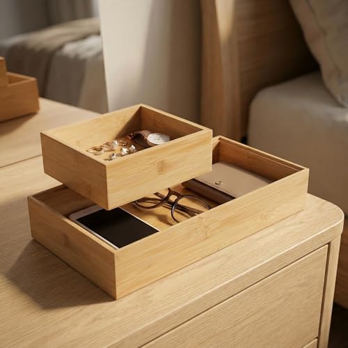2'li Çok Amaçlı Bambu Organizer Set - Büyük ve Küçük Boy Banyo, Mutfak ve Ofis Düzenleyici Kutu - Ahşap Dekoratif Saklama Seti (33x16x12 cm & 15x15x6 cm)