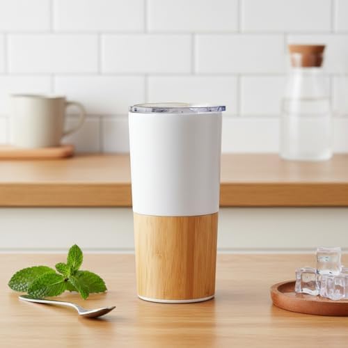 600 ml Bambu Tabanlı Çelik Termos Mug - 5 Farklı Renk Seçenekli Sıcak ve Soğuk Tutucu Seyahat Bardağı (BEYAZ)