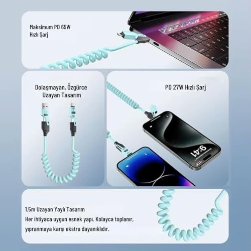 0860 USB Type-C Lightning 4'ü 1 Arada 65W PD Hızlı Şarj Data Kablosu 1.5m Spiral Çevirici Akıllı Hibrit Bağlantı (4-in-1) - Görsel 3