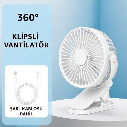 1800 mAh Bataratyalı USB Mini Vantilatör Fan Klipsli Sabitleme - 360° Ayarlanabilir - Ultra Güçlü Hava Akımı ile Süper Serinlik Hissi - Sessiz, Portatif, Taşınabilir (Beyaz, Klipsli) - Görsel 3