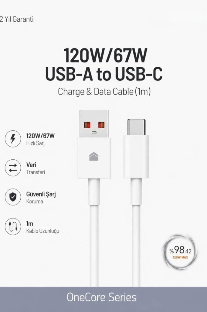 Alternative view of 120W/67W USB-A to USB-C Hızlı Şarj ve Data Kablosu 1m Beyaz