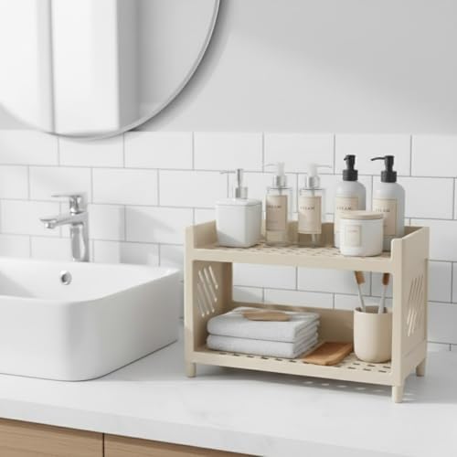 Çok Amaçlı 2 Katlı Organizer Raf – Bej Plastik Düzenleyici Stand – Banyo, Mutfak, Masaüstü ve Ofis İçin – 25 x 18 cm